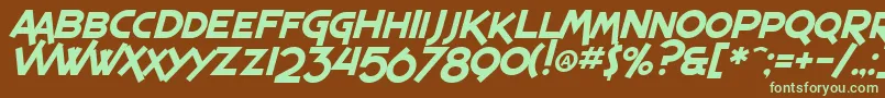 フォントSF Espresso Shack Italic – 緑色の文字が茶色の背景にあります。