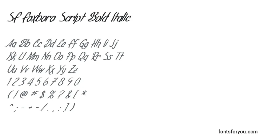 Czcionka SF Foxboro Script Bold Italic – alfabet, cyfry, specjalne znaki