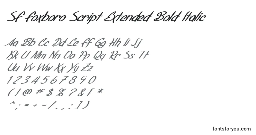 Czcionka SF Foxboro Script Extended Bold Italic – alfabet, cyfry, specjalne znaki