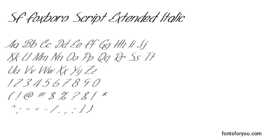 Шрифт SF Foxboro Script Extended Italic – алфавит, цифры, специальные символы