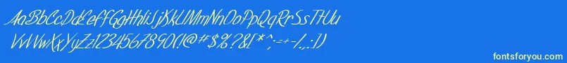 SF Foxboro Script Italic-Schriftart – Gelbe Schriften auf blauem Hintergrund