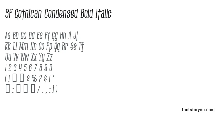 Czcionka SF Gothican Condensed Bold Italic – alfabet, cyfry, specjalne znaki