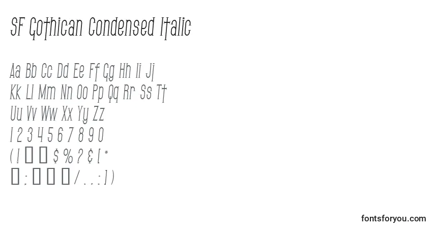 A fonte SF Gothican Condensed Italic – alfabeto, números, caracteres especiais