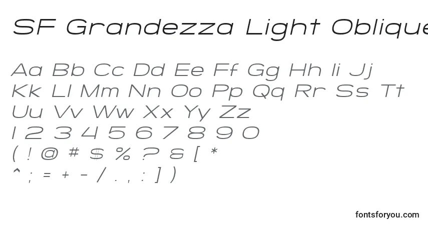 Czcionka SF Grandezza Light Oblique – alfabet, cyfry, specjalne znaki