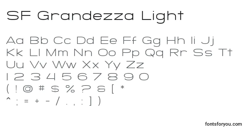 Czcionka SF Grandezza Light – alfabet, cyfry, specjalne znaki