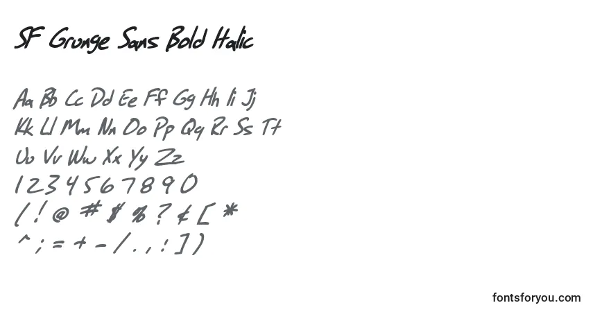 Шрифт SF Grunge Sans Bold Italic – алфавит, цифры, специальные символы