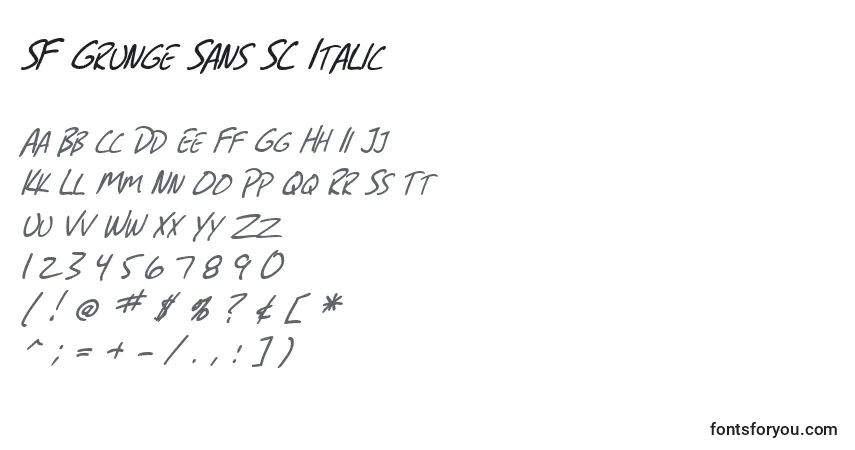 Шрифт SF Grunge Sans SC Italic – алфавит, цифры, специальные символы