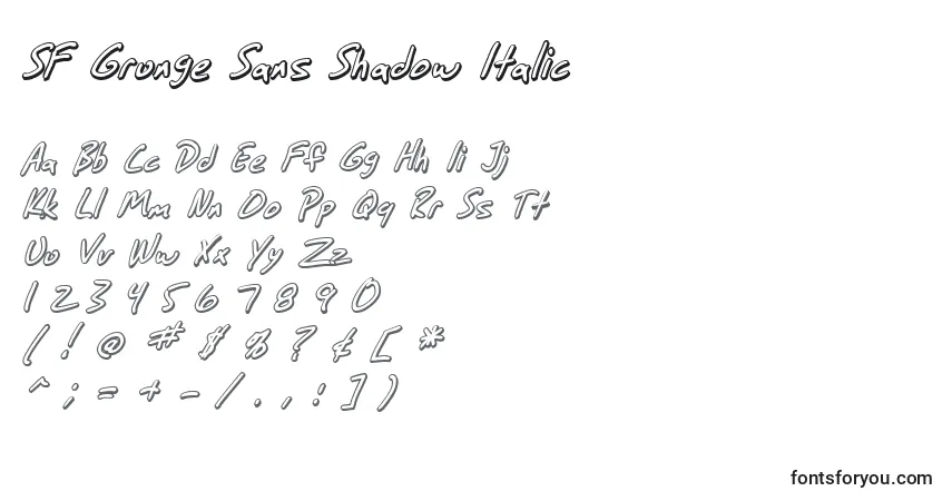 Шрифт SF Grunge Sans Shadow Italic – алфавит, цифры, специальные символы
