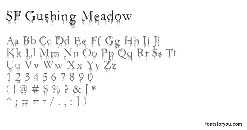 A fonte SF Gushing Meadow – alfabeto, números, caracteres especiais