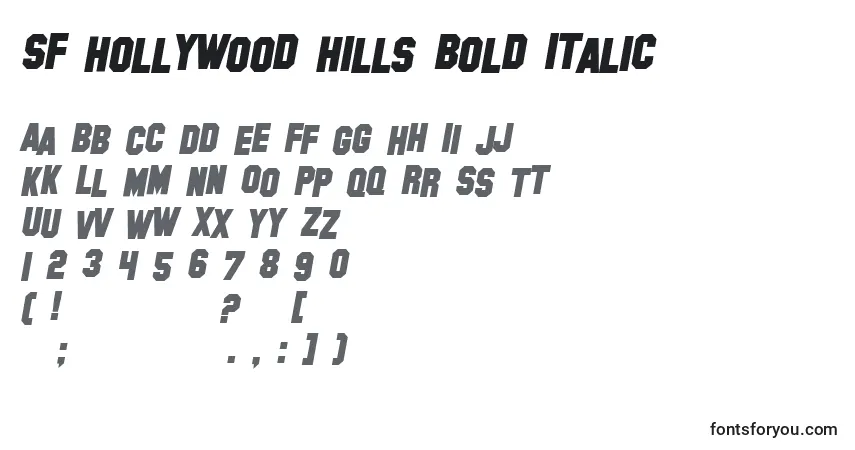 Шрифт SF Hollywood Hills Bold Italic – алфавит, цифры, специальные символы