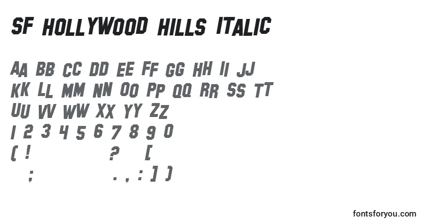 Шрифт SF Hollywood Hills Italic – алфавит, цифры, специальные символы
