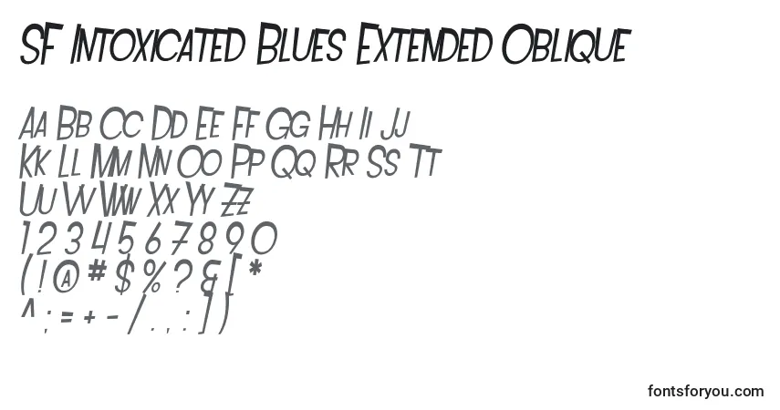 Czcionka SF Intoxicated Blues Extended Oblique – alfabet, cyfry, specjalne znaki