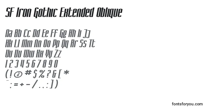 Schriftart SF Iron Gothic Extended Oblique – Alphabet, Zahlen, spezielle Symbole