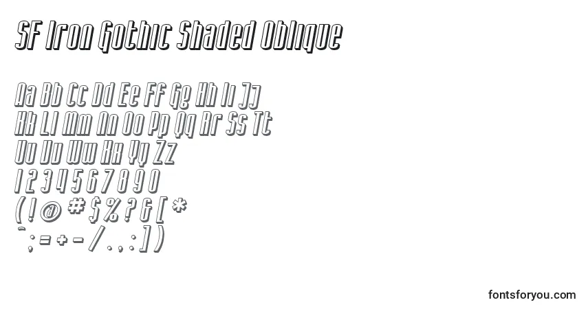 Schriftart SF Iron Gothic Shaded Oblique – Alphabet, Zahlen, spezielle Symbole