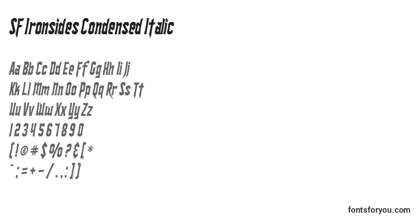 Шрифт SF Ironsides Condensed Italic – алфавит, цифры, специальные символы