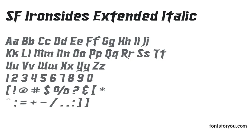 Schriftart SF Ironsides Extended Italic – Alphabet, Zahlen, spezielle Symbole