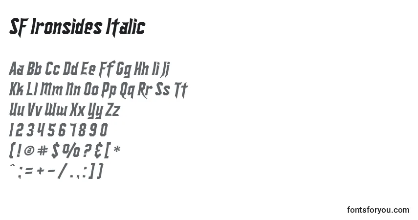 Czcionka SF Ironsides Italic – alfabet, cyfry, specjalne znaki