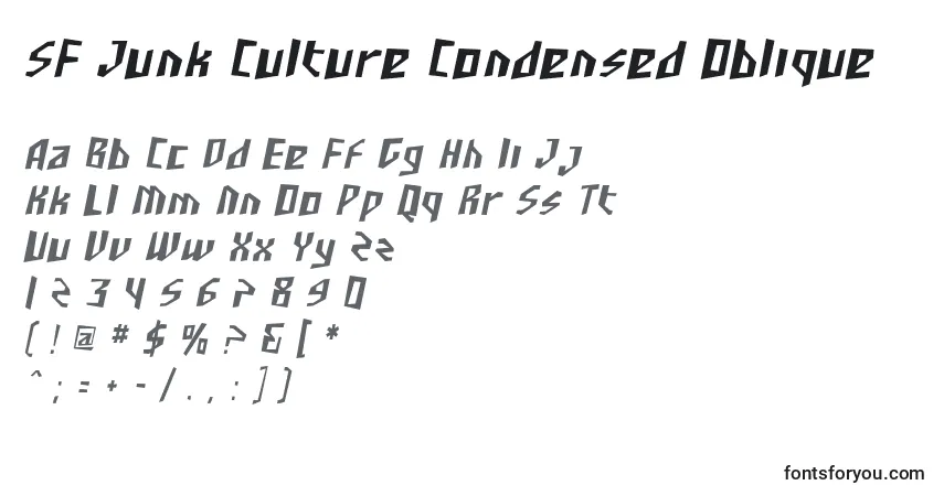 Czcionka SF Junk Culture Condensed Oblique – alfabet, cyfry, specjalne znaki