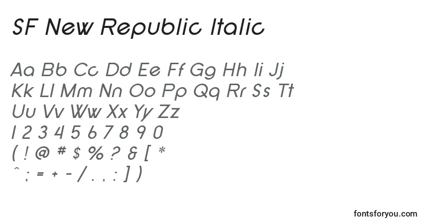 Czcionka SF New Republic Italic – alfabet, cyfry, specjalne znaki