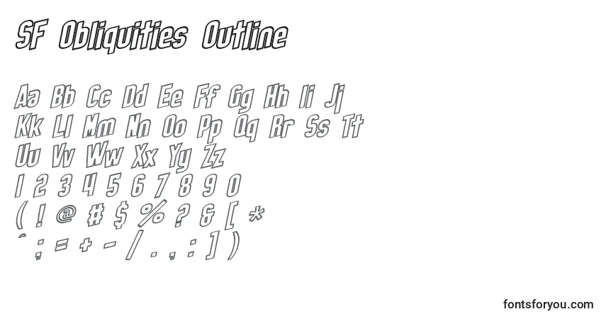 Czcionka SF Obliquities Outline – alfabet, cyfry, specjalne znaki