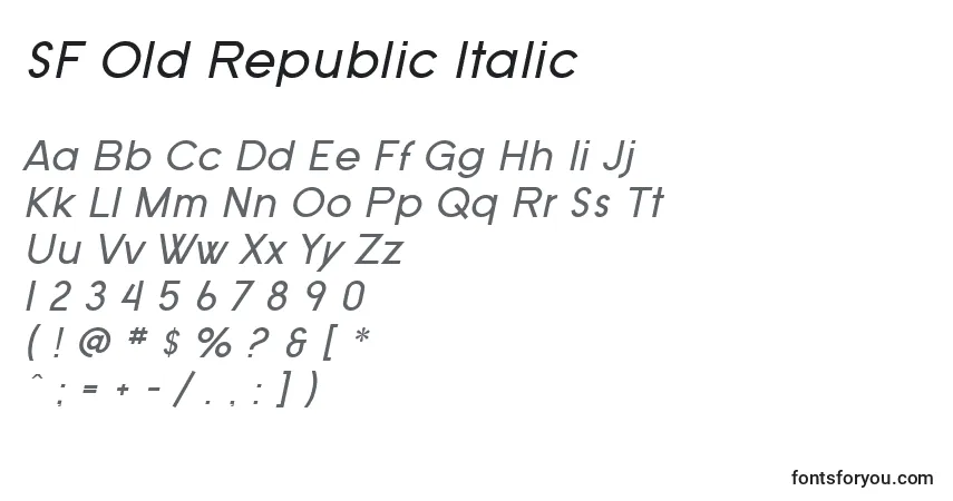 Шрифт SF Old Republic Italic – алфавит, цифры, специальные символы