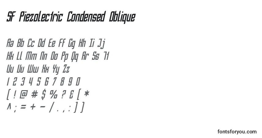 Czcionka SF Piezolectric Condensed Oblique – alfabet, cyfry, specjalne znaki