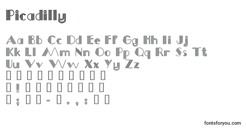 Czcionka Picadilly – alfabet, cyfry, specjalne znaki