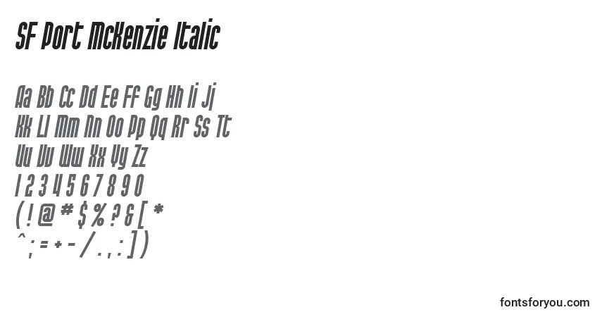 A fonte SF Port McKenzie Italic – alfabeto, números, caracteres especiais