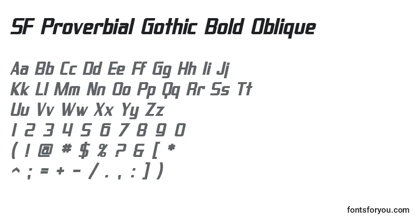 Czcionka SF Proverbial Gothic Bold Oblique – alfabet, cyfry, specjalne znaki