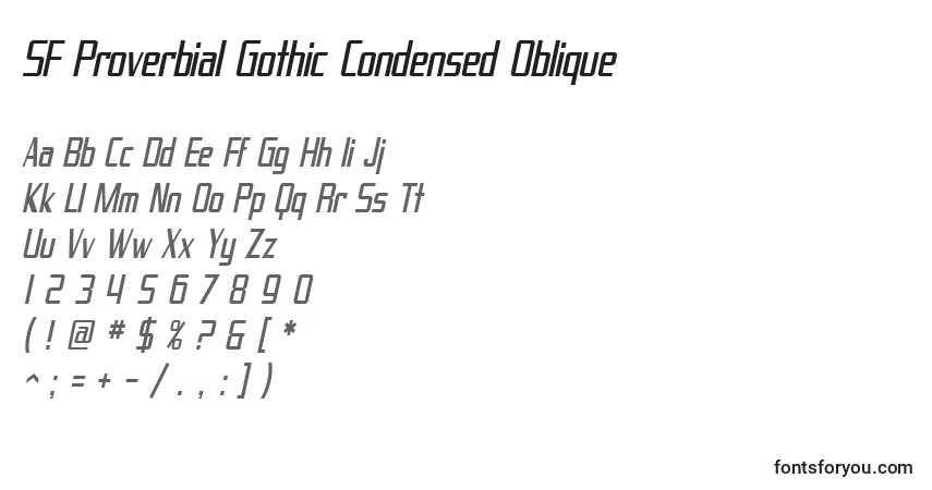 A fonte SF Proverbial Gothic Condensed Oblique – alfabeto, números, caracteres especiais