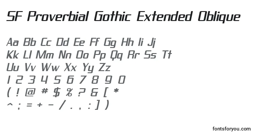 A fonte SF Proverbial Gothic Extended Oblique – alfabeto, números, caracteres especiais