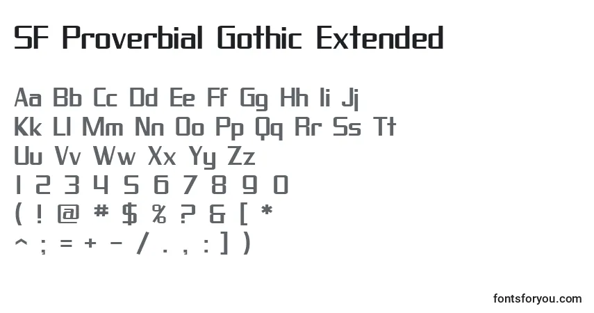 Czcionka SF Proverbial Gothic Extended – alfabet, cyfry, specjalne znaki