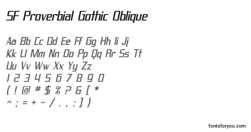 A fonte SF Proverbial Gothic Oblique – alfabeto, números, caracteres especiais