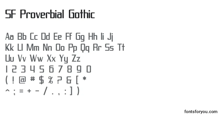 Schriftart SF Proverbial Gothic – Alphabet, Zahlen, spezielle Symbole