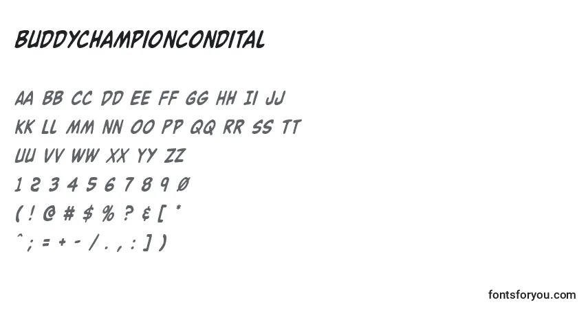 Czcionka Buddychampioncondital – alfabet, cyfry, specjalne znaki