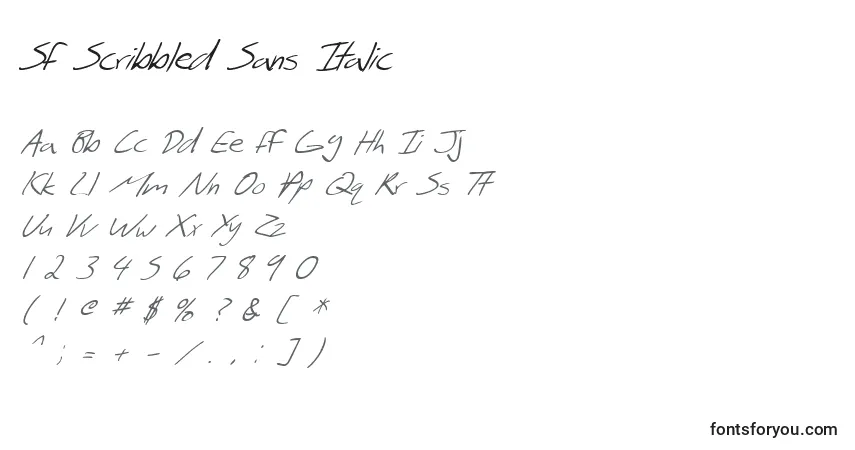 Шрифт SF Scribbled Sans Italic – алфавит, цифры, специальные символы