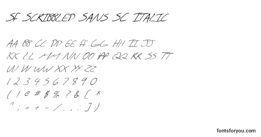 A fonte SF Scribbled Sans SC Italic – alfabeto, números, caracteres especiais
