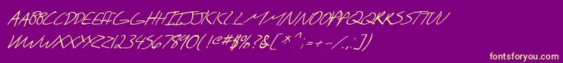 Fonte SF Scribbled Sans SC Italic – fontes amarelas em um fundo roxo