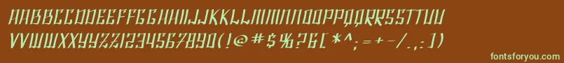 フォントSF Shai Fontai Extended Oblique – 緑色の文字が茶色の背景にあります。