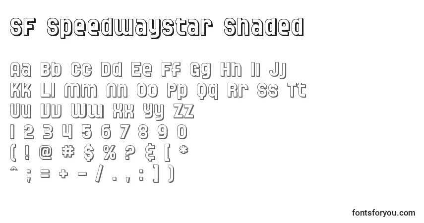 Czcionka SF Speedwaystar Shaded – alfabet, cyfry, specjalne znaki