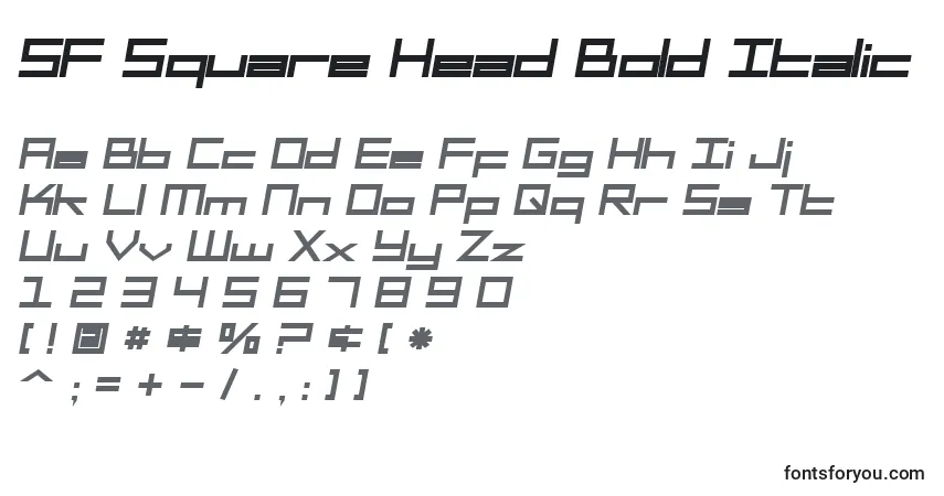 A fonte SF Square Head Bold Italic – alfabeto, números, caracteres especiais