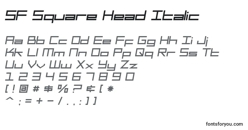 Czcionka SF Square Head Italic – alfabet, cyfry, specjalne znaki