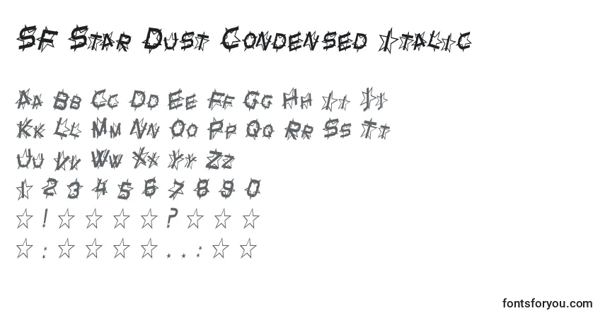 Czcionka SF Star Dust Condensed Italic – alfabet, cyfry, specjalne znaki