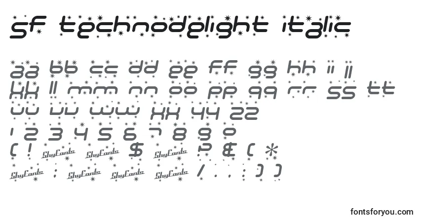 Шрифт SF Technodelight Italic – алфавит, цифры, специальные символы