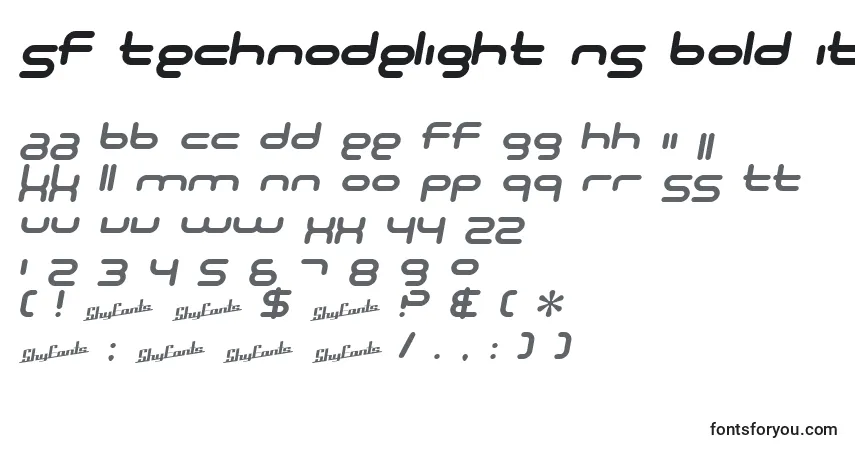 Schriftart SF Technodelight NS Bold Italic – Alphabet, Zahlen, spezielle Symbole