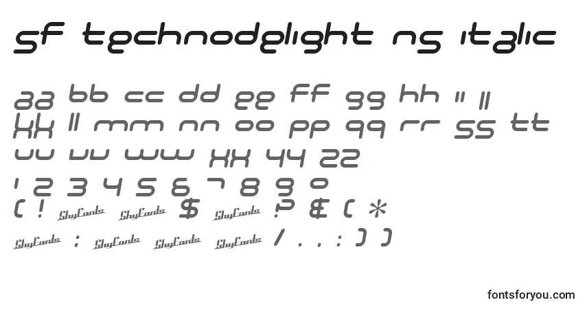 Шрифт SF Technodelight NS Italic – алфавит, цифры, специальные символы