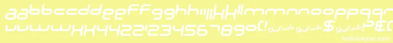 SF Technodelight NS Italic-Schriftart – Weiße Schriften auf gelbem Hintergrund