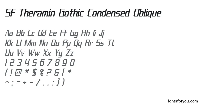 A fonte SF Theramin Gothic Condensed Oblique – alfabeto, números, caracteres especiais