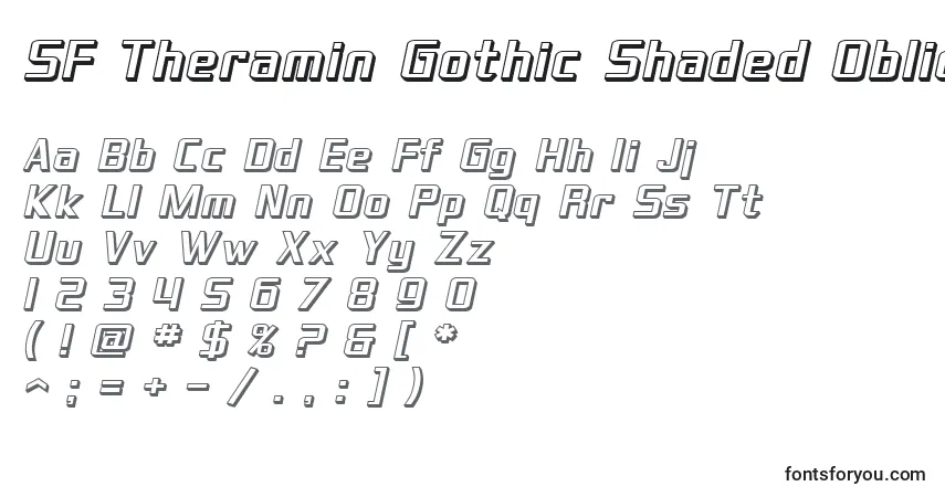Czcionka SF Theramin Gothic Shaded Oblique – alfabet, cyfry, specjalne znaki
