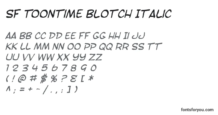 A fonte SF Toontime Blotch Italic – alfabeto, números, caracteres especiais